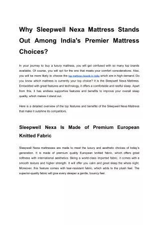Why Sleepwell Nexa Mattress Stands Out Among India's Premier Mattress Choices