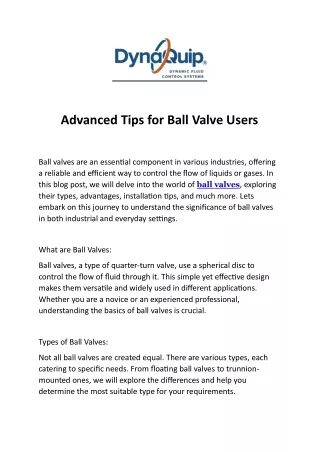 Advanced Tips for Ball Valve Users