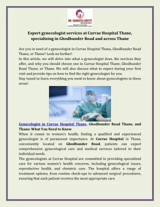 Expert gynecologist services at Currae Hospital Thane, specializing in Ghodbunder Road and across Thane