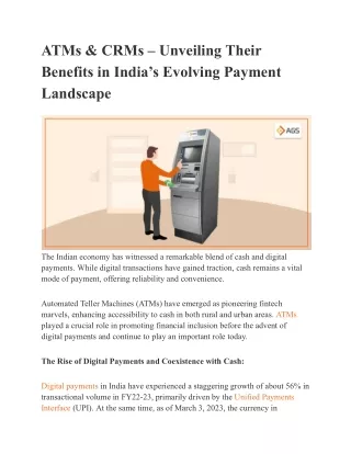 ATMs & CRMs – Unveiling Their Benefits in India’s Evolving Payment Landscape