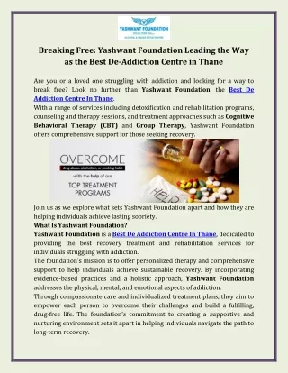 Breaking Free Yashwant Foundation Leading the Way as the Best De-Addiction Centre in Thane