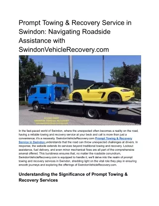 Prompt Towing & Recovery Service in Swindon Navigating Roadside Assistance with SwindonVehicleRecovery
