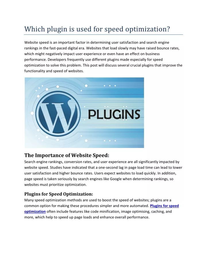 which plugin is used for speed optimization