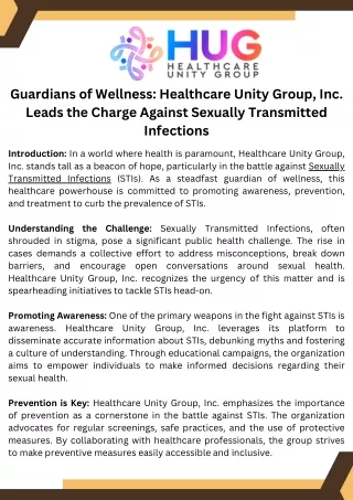 Guardians of Wellness Healthcare Unity Group, Inc. Leads the Charge Against Sexually Transmitted Infections