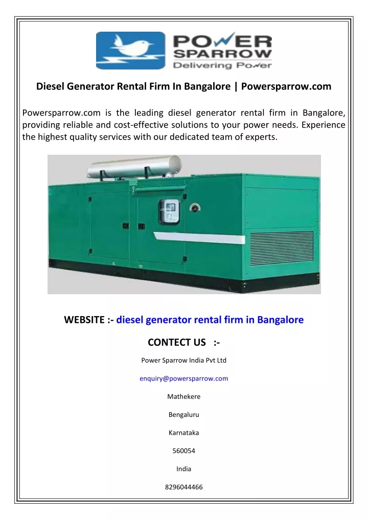 diesel generator rental firm in bangalore