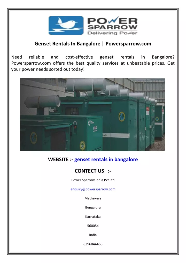 genset rentals in bangalore powersparrow com