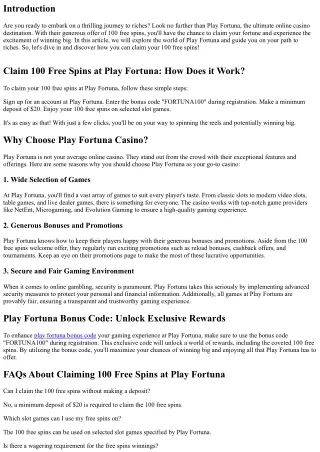 Claim 100 Free Spins at Play Fortuna: Your Path to Riches