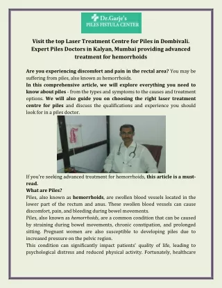 Visit the top Laser Treatment Centre for Piles in Dombivali. Expert Piles Doctors in Kalyan, Mumbai providing advanced t