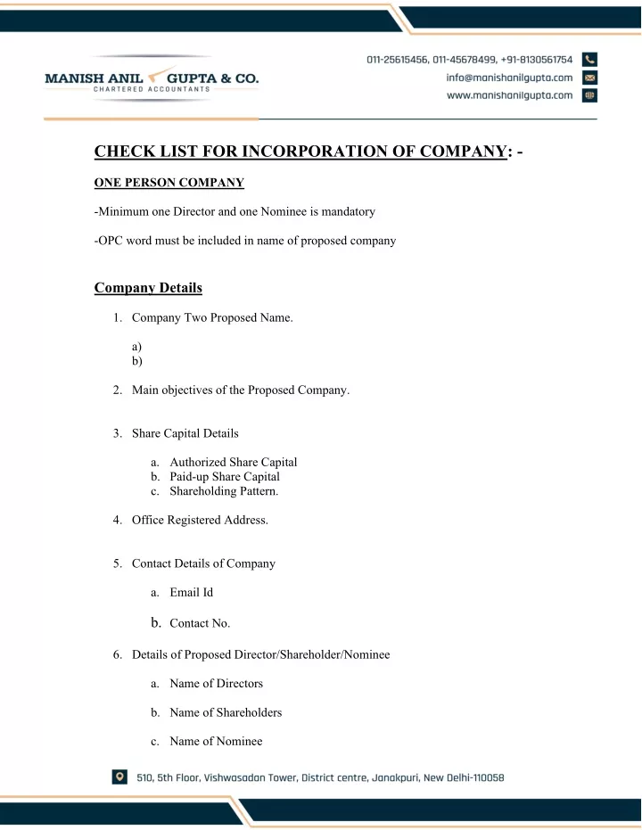check list for incorporation of company