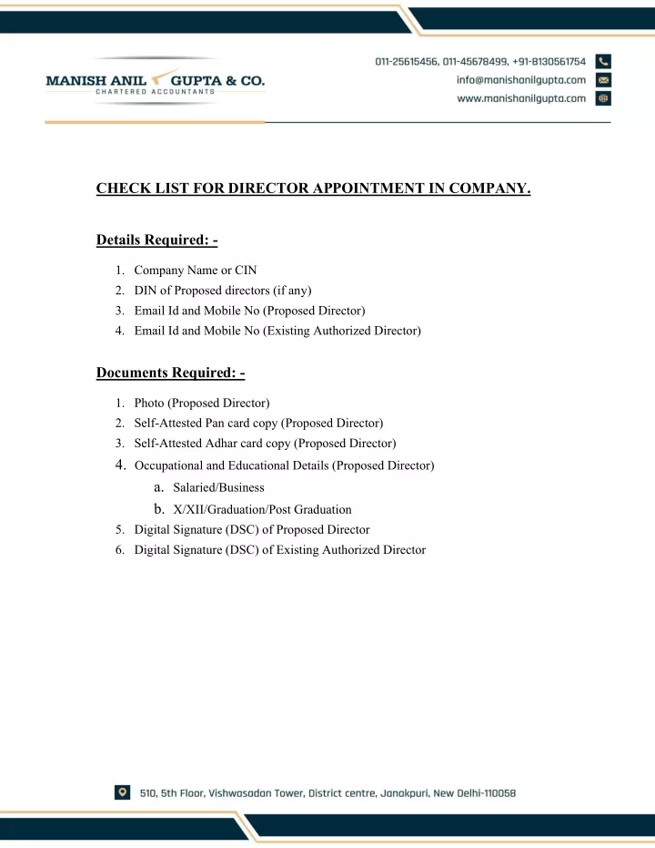 check list for director appointment in company