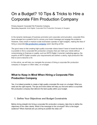 On a Budget 10 Tips & Tricks to Hire a Corporate Film Production Company