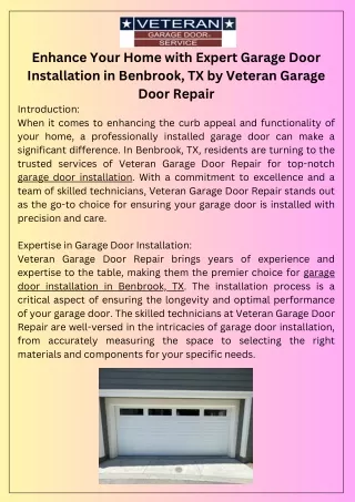 Enhance Your Home with Expert Garage Door Installation in Benbrook, TX by Veteran Garage Door Repair