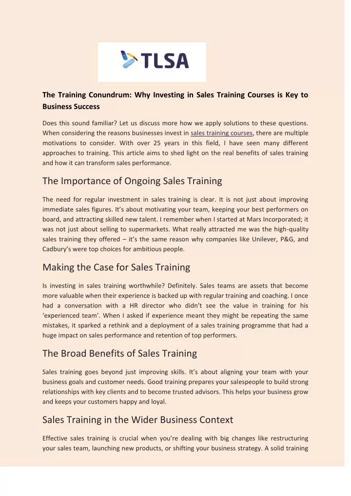 the training conundrum why investing in sales