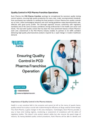 Quality Control in PCD Pharma Franchise Operations