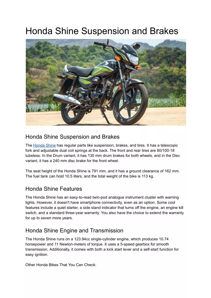 honda shine suspension and brakes