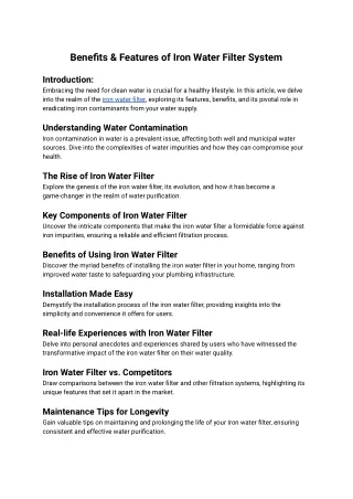 Benefits & Features of Iron Water Filter System