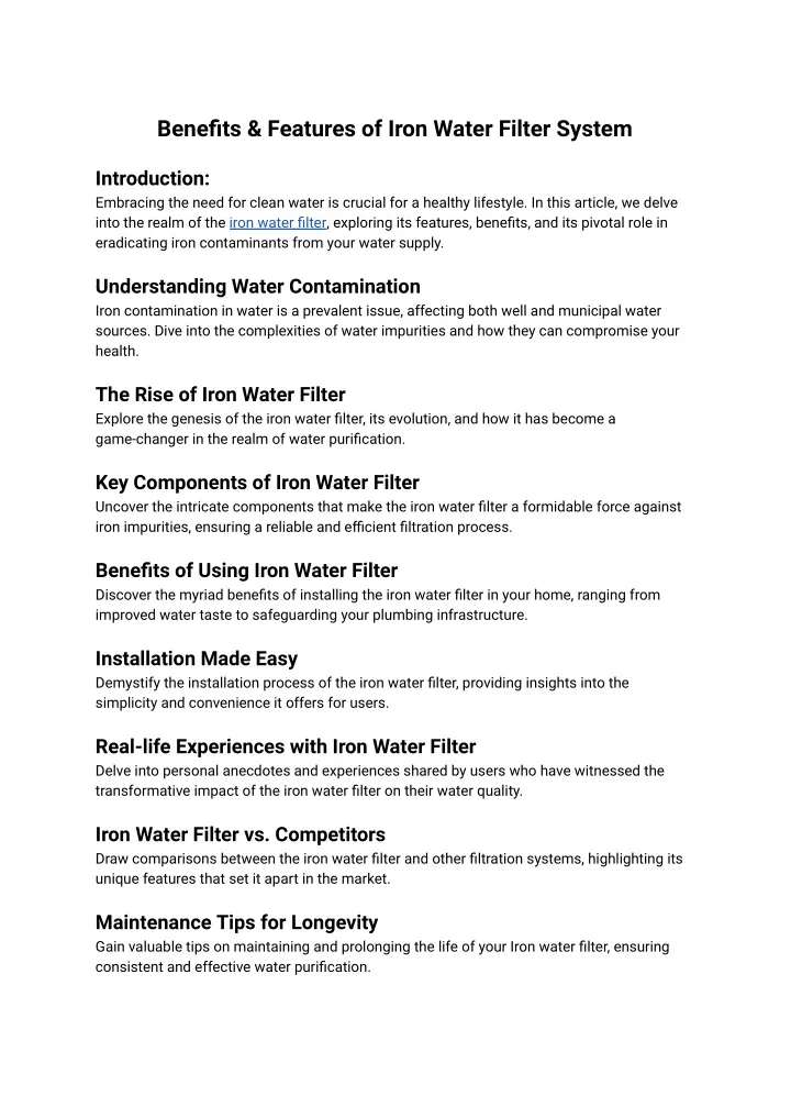 benefits features of iron water filter system