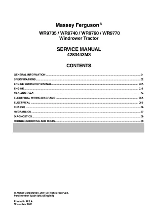 Massey Ferguson WR9735 Windrower Tractor Service Repair Manual