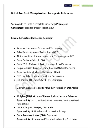 Best Private and Government BSc Agriculture colleges in Dehradun