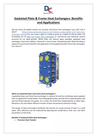 Gasketed Plate & Frame Heat Exchangers- Benefits and Applications
