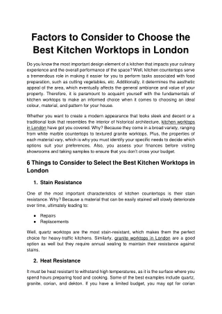 Factors to Consider to Choose the Best Kitchen Worktops in London