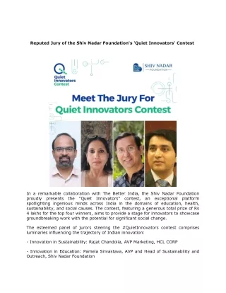 Reputed Jury of the Shiv Nadar Foundation's 'Quiet Innovators' Contest