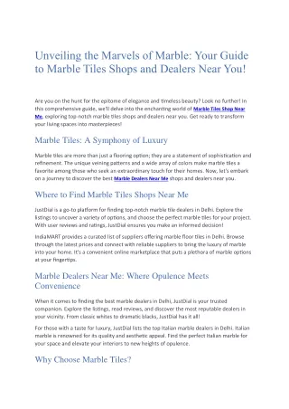 Unveiling the Marvels of Marble Your Guide to Marble Tiles Shops and Dealers Near You!