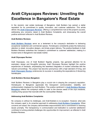 Aratt Cityscapes Reviews_ Unveiling the Excellence in Bangalore's Real Estate