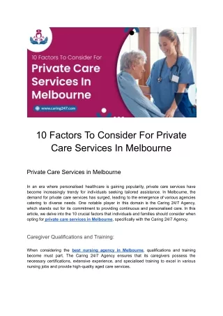 Delve into Private Care Services In Melbourne: 10 Vital Considerations