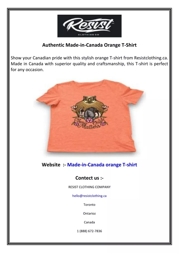 authentic made in canada orange t shirt