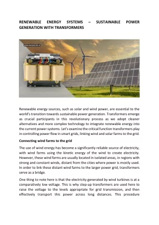 RENEWABLE ENERGY SYSTEMS – SUSTAINABLE POWER GENERATION WITH TRANSFORMERS