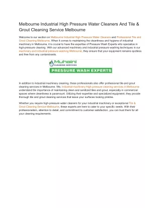 Melbourne Industrial High Pressure Water Cleaners And Tile & Grout Cleaning Service Melbourne