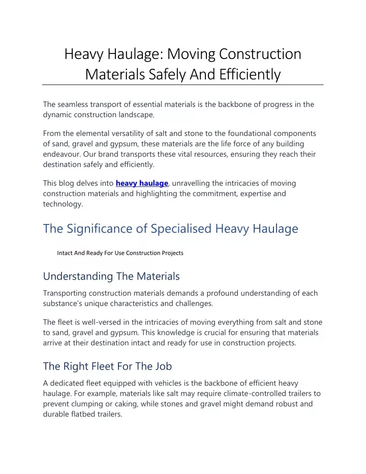 heavy haulage moving construction materials