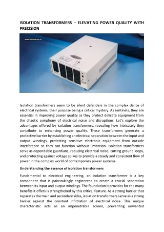 ISOLATION TRANSFORMERS – ELEVATING POWER QUALITY WITH PRECISION