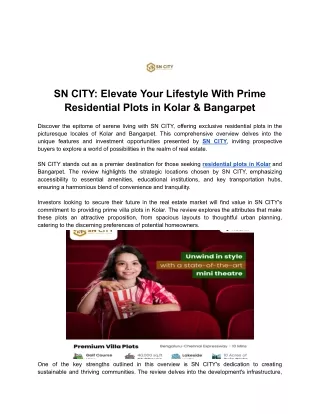 SN CITY - Elevate Your Lifestyle with Prime Residential Plots in Kolar & Bangarpet