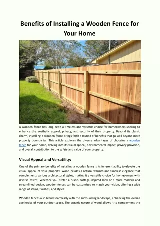 Benefits of Installing a Wooden Fence for Your Home