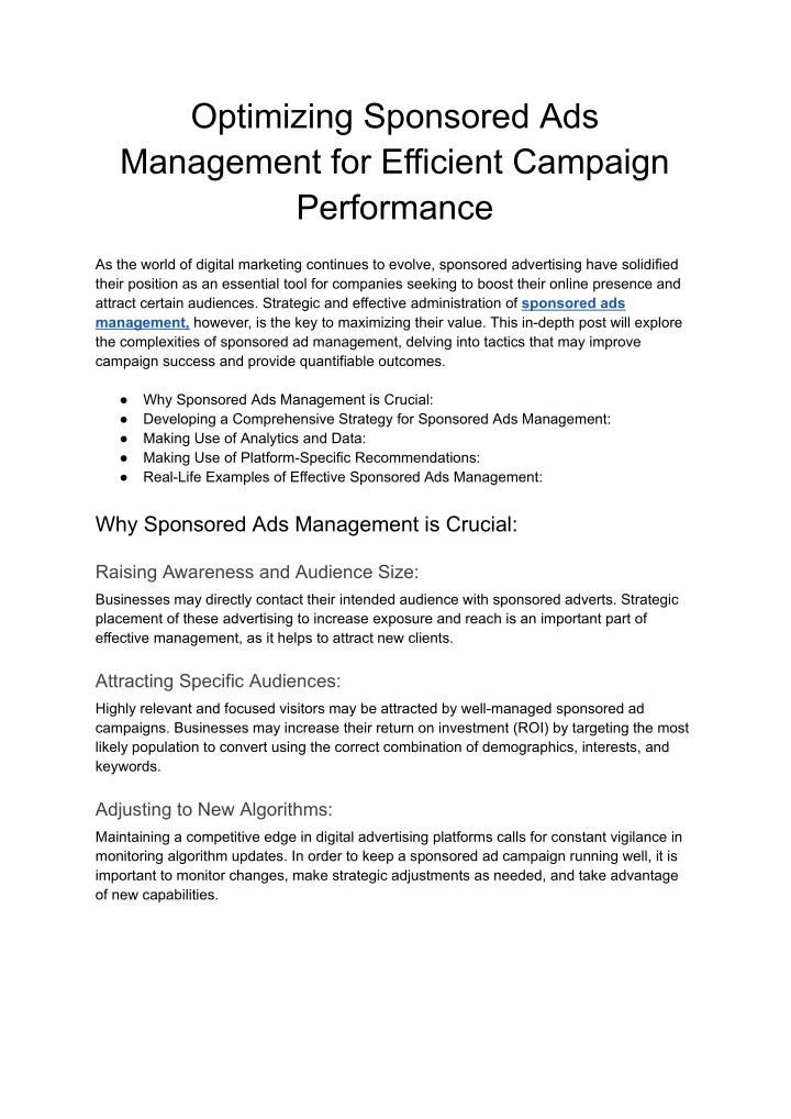 optimizing sponsored ads management for efficient