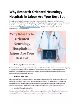 Why Research-Oriented Neurology Hospitals in Jaipur Are Your Best Bet