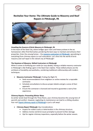 Revitalize Your Home - The Ultimate Guide to Masonry and Roof Repairs in Pittsburgh, PA