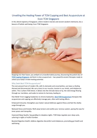 Unveiling the Healing Power of TCM Cupping and Best Acupuncture at Econ TCM Singapore