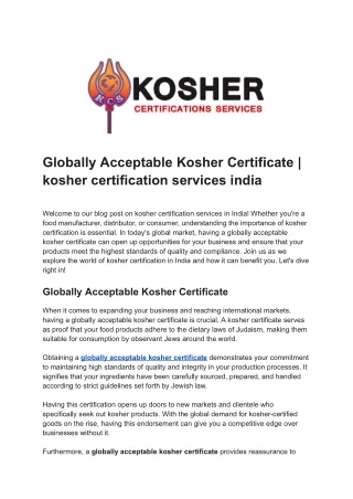 Globally Acceptable Kosher Certificate _ kosher certification services india