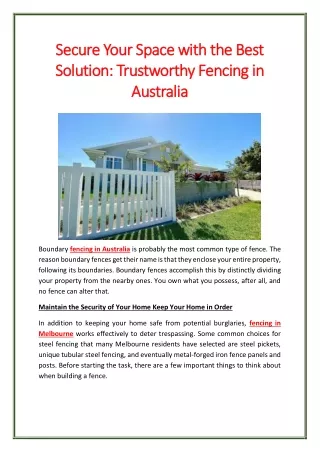 Secure Your Space with the Best Solution: Trustworthy Fencing in Australia
