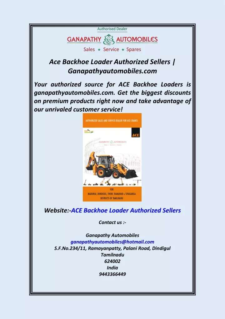ace backhoe loader authorized sellers