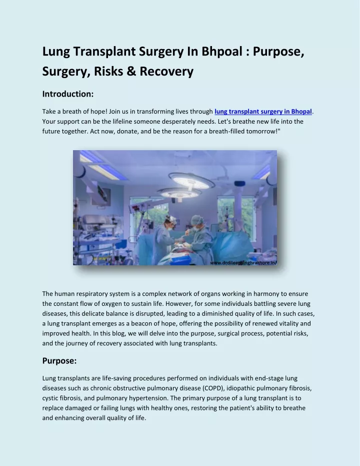 lung transplant surgery in bhpoal purpose surgery