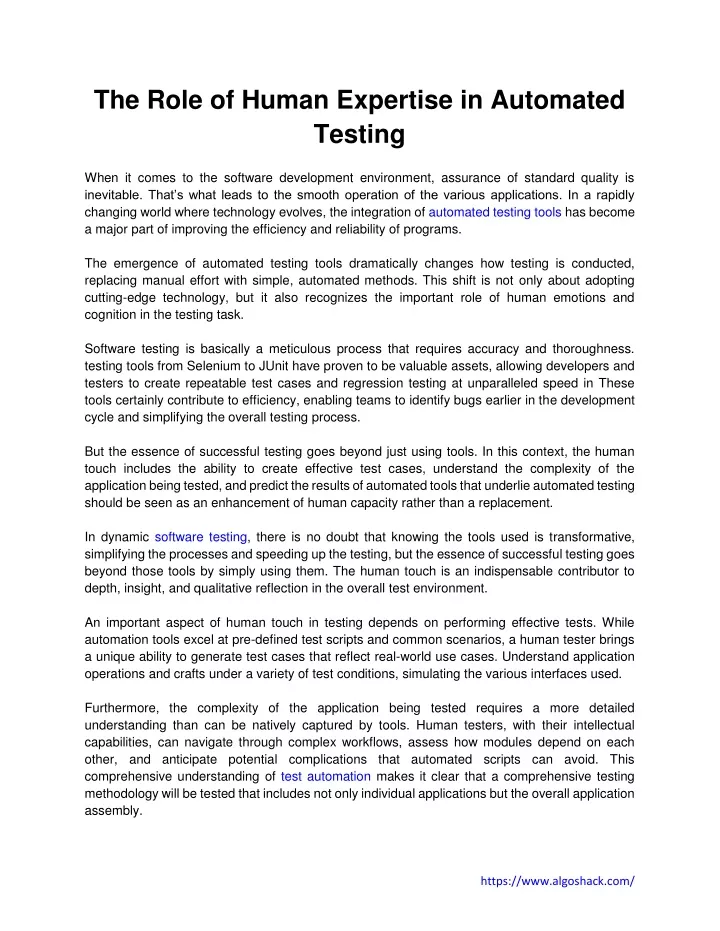 the role of human expertise in automated testing