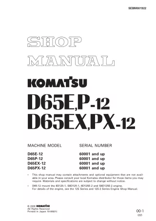 Komatsu D65EX-12 Dozer Bulldozer Service Repair Manual (SN 60001 and up)