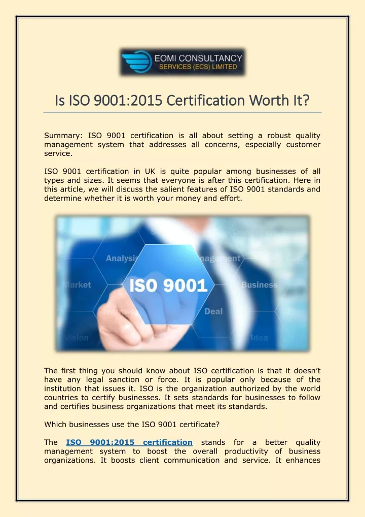 Ppt Is Iso 90012015 Certification Worth It Powerpoint Presentation