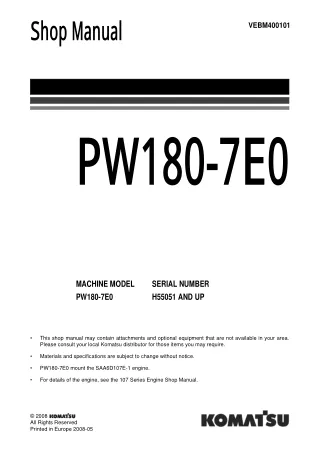 Komatsu PW180-7E0 Hydraulic Excavator Service Repair Manual (SN H55051 and up)