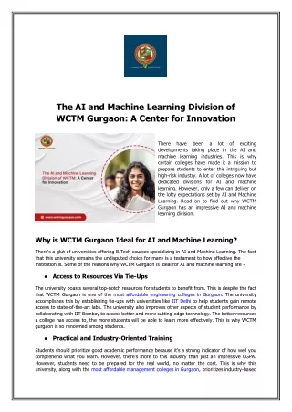 The AI and Machine Learning Division of WCTM Gurgaon: A Center for Innovation