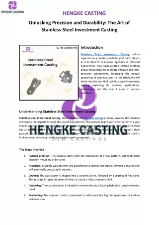 Unlocking Precision and Durability - The Art of Stainless Steel Investment Casting